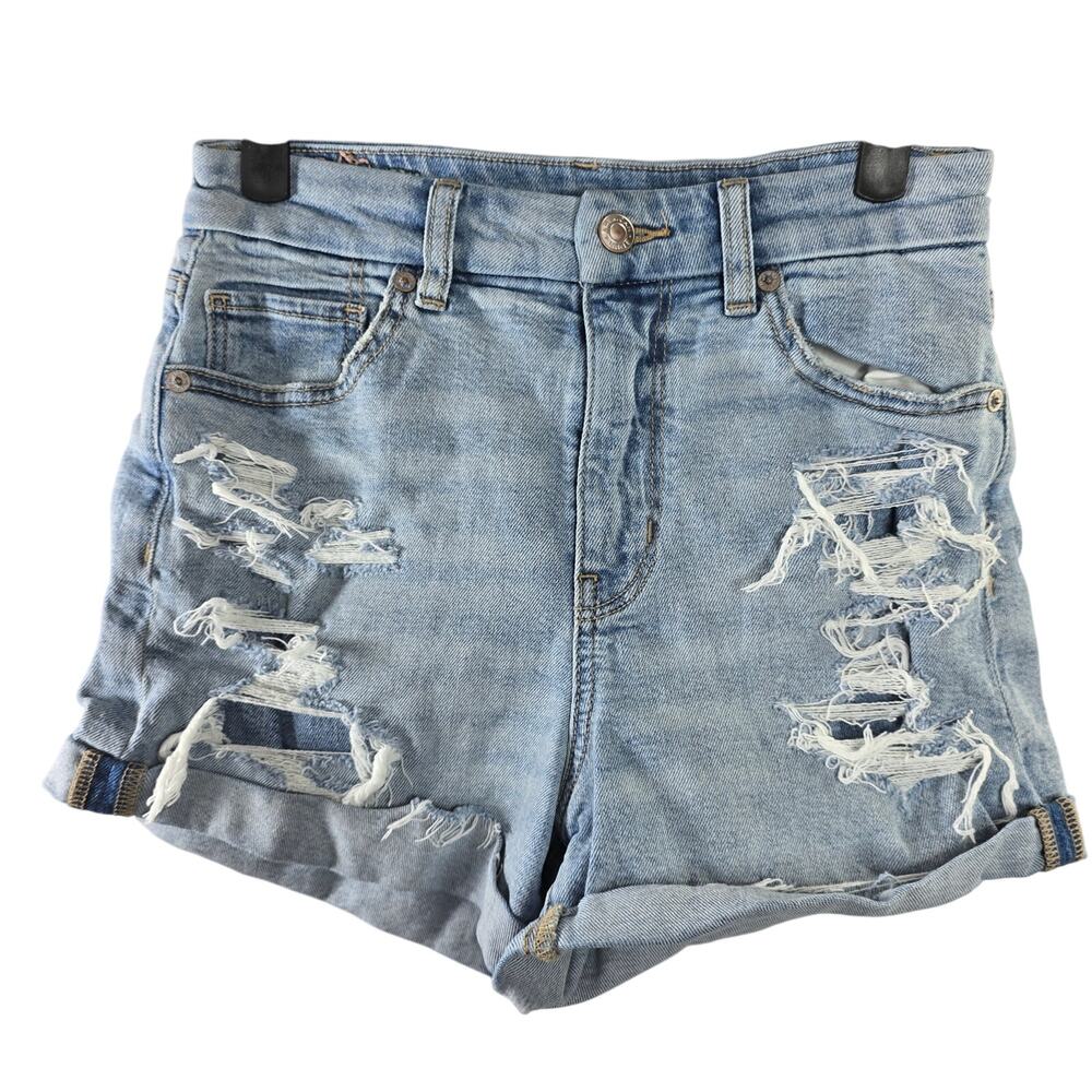 American Eagle Stretch Curvy Mom Shorts Denim Blue Floral Embroidered Size 4